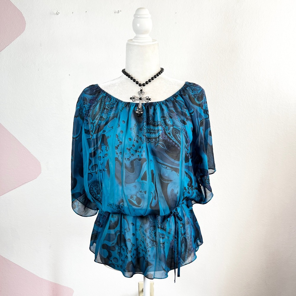 Vintage Y2k 90s Sheer Top Sz Small Blue Paisley Festival Y2K 2000s Fairycore
